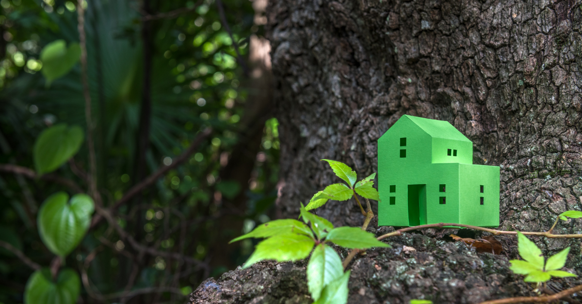 small green plastic house placed outside on a tree trunk with some leaves around it